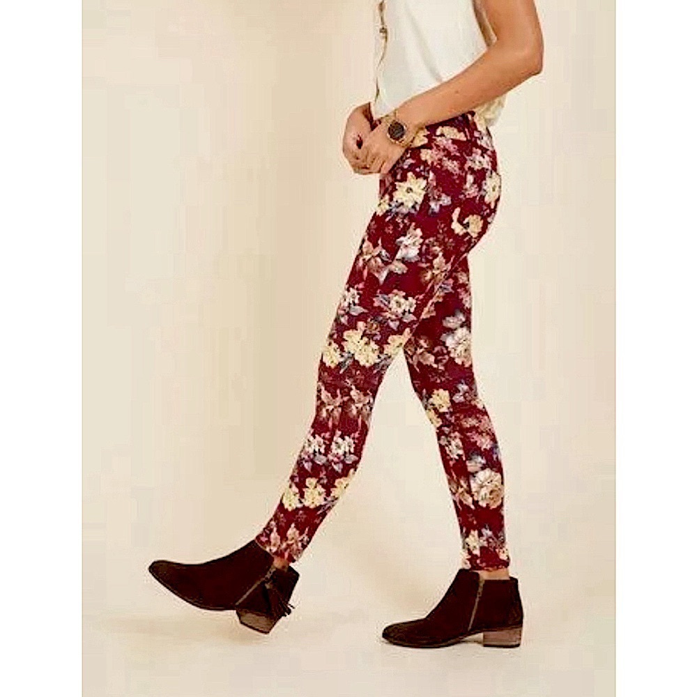 Burgundy Floral Stretch Skinny Ankle Pants by Sunny Girl from Modcloth Medium
